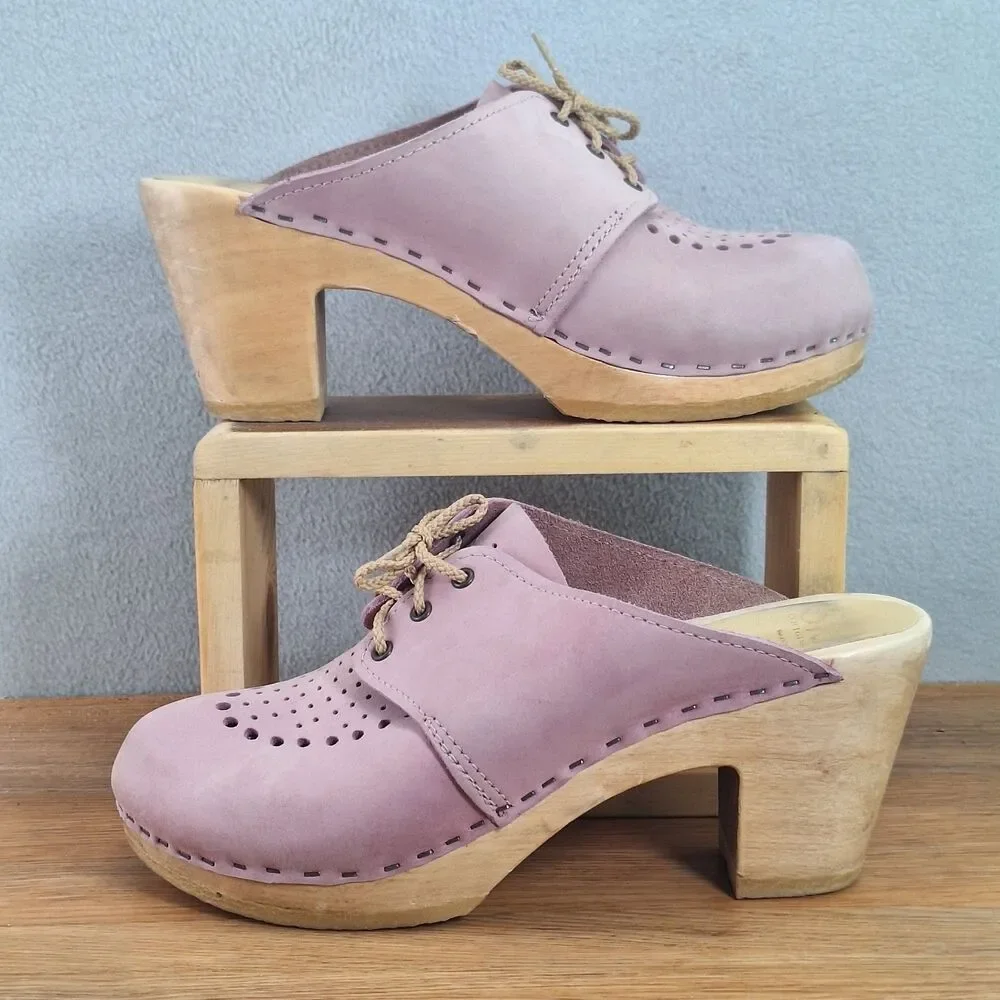 Sven Women's US 9.5-10 EU 40 Lace-Up Clogs Tan Pink Circle Punch Leather Sweden - Picture 4 of 11